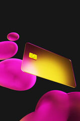 Close up of transparent gold credit card near oil drops in neon purple light on black background. 3d rendering illustration