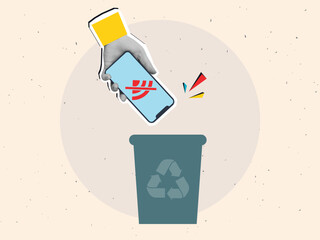 Black and white hand puts a phone with a crossed Wi-Fi sign on a screen into trash can. Modern photo collage style. Vector illustration