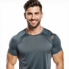 Obraz premium Fit and Focused: A muscular, handsome man exudes confidence and vitality. His athletic physique and radiant smile portray a commitment to health and wellness.