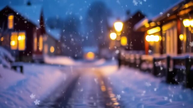 Enchanting winter village scene with softly falling snow at twilight ambience