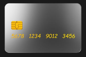 Close up of transparent grey credit card on black background. 3d rendering illustration