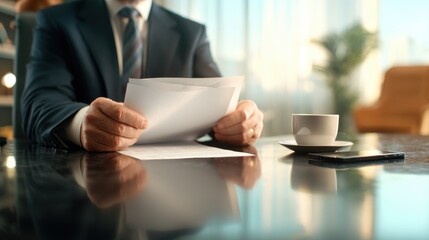 A businessman reviews documents while seated at a table with a coffee cup, surrounded by a modern, well-lit office environment.