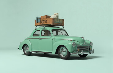 Vintage green car with white interior, trunk, roof rack parked on neutral gray background. Classic design with white hood, black doors, gray interior, luggage, travel, retro, automobile,