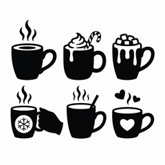 Six Black Silhouette Hot Beverage Mugs with Festive Designs