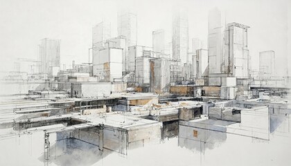 Fototapeta premium Modern cityscape illustration with tall, rectangular buildings in irregular arrangement. Plants patches among grey, cloudy sky. Architectural sketch style, artist signature in corner.