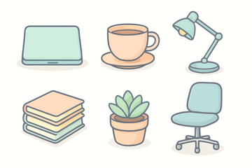 Vibrant pastel icon pack featuring desk essentials like laptop, coffee, plant, notebook, lamp and chair for UI, mobile apps and creative work illustrations.

