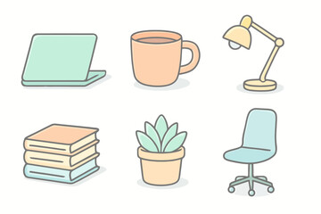 Pastel cartoon home office icons with laptop, coffee mug, chair, notebook, plant and lamp. Perfect for modern workspace apps, websites and productivity dashboards.