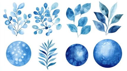Watercolor blue leaves and branches
