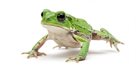 Obraz premium 鮮やかな緑色カエル 白い背景で穏やかに佇む 自然光照らす. AI Generated