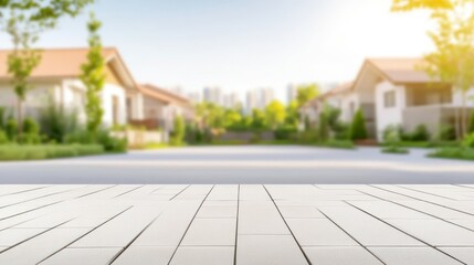 Empty wooden surface in front of houses