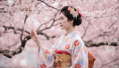 Woman wears traditional Japanese kimono in serene cherry blossom setting. Kimono white, pink hues with floral pattern contrast with pink, white blossoms. Woman hands held in front of, adding