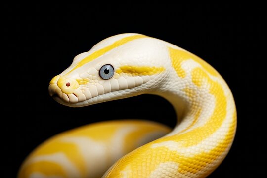 Close-up of a yellow and white albino python with blue eyes on black background in creative light style showcasing reptile beauty and texture. Ai generative