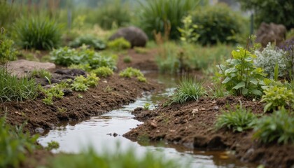 Serene garden scene with small stream flowing from top left to bottom right. Rich greenery in background with plants, shrubs, trees. Calm, undisturbed water, possibly rain garden installation for