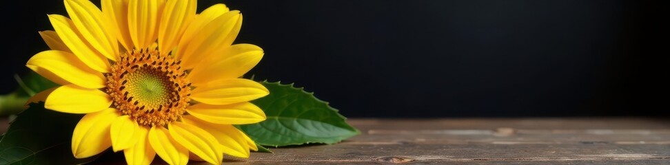 Giant sunflower, vibrant yellow petals, rustic wooden table, black backdrop, food, black