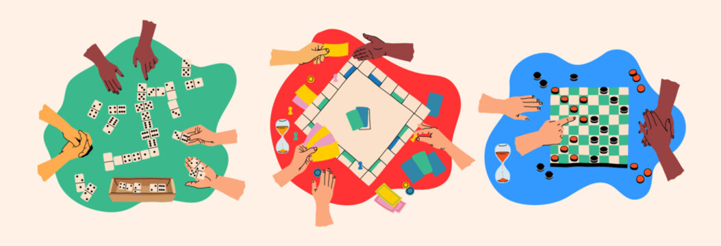 Creative board game hobbies. Human arms actively playing a tabletop game. Game elements like dice, cards, and pawns. Fun social activity. Vector illustration