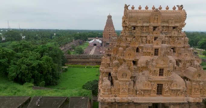 Aerial drone shot of Thanjavur Big Temple in Tamil Nadu, India during sunrise &ndash; 4K cinematic footage