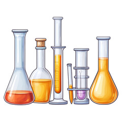 Colorful Laboratory Glassware with Various Liquids and Tools, isolated on transparent background.