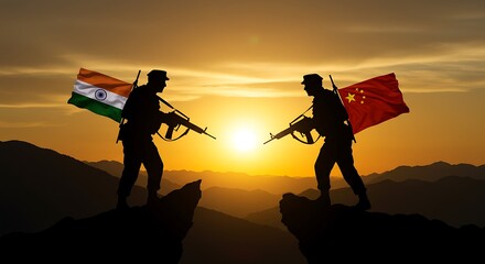 Standoff between Indian and Chinese soldiers with flags at sunset, symbolizing geopolitical tension and military power