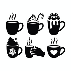 Six Black Silhouette Hot Drinks with Winter Decorations