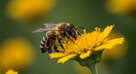 黄金色輝く花に蜜蜂休息 柔らかな光浴びて羽根休む. AI Generated