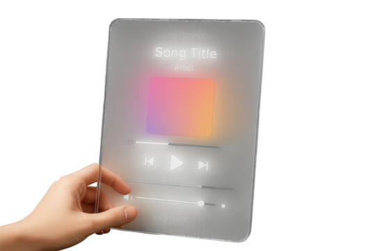 Transparent tablet displaying music player isolated on a transparent background image