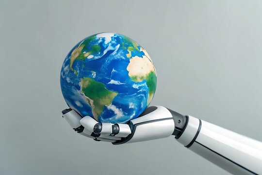 Robot hand holding a globe, symbolizing the intersection of technology and our world, highlighting the potential of ai and automation in shaping a sustainable future