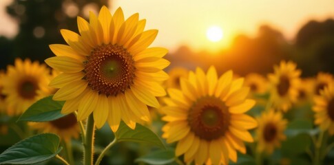Golden sunflower, evening sun rays illuminate petals, photography, garden