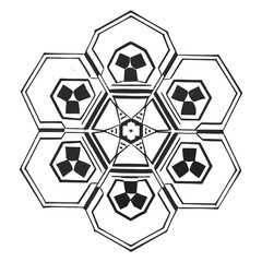 Geometric mandala design isolated on white background, showcasing hexagonal and star patterns for decorative and artistic applications with symmetrical elegance