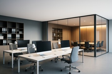 Modern empty office interior with shared workspace and glass-walled meeting room, minimal contemporary architecture and clean design layout.