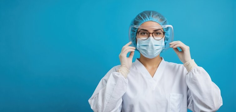 Woman healthcare worker wearing protective equipment against a blue background. White lab coat, blue surgical mask, eyes covered. Holding blue gloves, medical attire, sterile environment. - Powered by Adobe