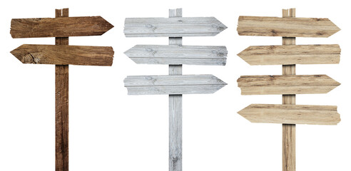 3d wooden signboards set vector illustration. Realistic wood sign posts. Blank arrows with wood texture, plywood road pointers.