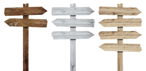 3d wooden signboards set vector illustration. Realistic wood sign posts. Blank arrows with wood texture, plywood road pointers.