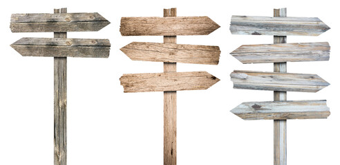 3d wooden signboards set vector illustration. Realistic wood sign posts. Blank arrows with wood texture, plywood road pointers.
