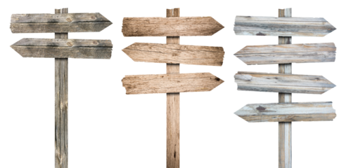 3d wooden signboards set vector illustration. Realistic wood sign posts. Blank arrows with wood texture, plywood road pointers.
