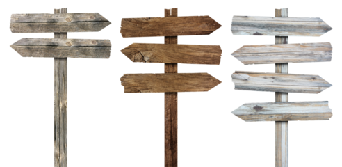 3d wooden signboards set vector illustration. Realistic wood sign posts. Blank arrows with wood texture, plywood road pointers.