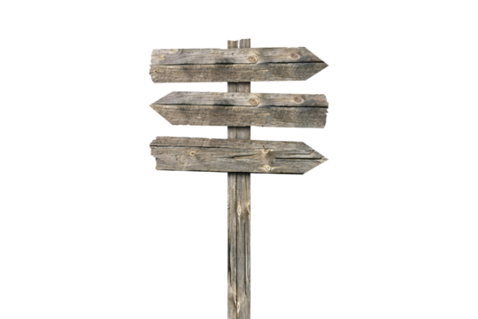 Blank wooden direction sign isolated graphic illustrated. Vintage cut timber signboard on wooden pole for information or advertising message.