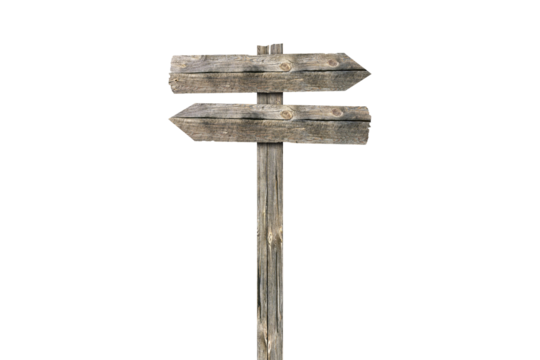 Blank wooden direction sign isolated graphic illustrated. Vintage cut timber signboard on wooden pole for information or advertising message.