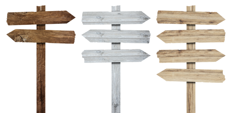 3d wooden signboards set vector illustration. Realistic wood sign posts. Blank arrows with wood texture, plywood road pointers.