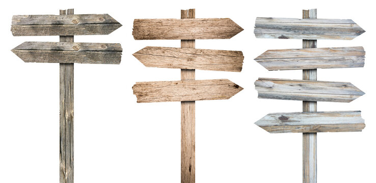 3d wooden signboards set vector illustration. Realistic wood sign posts. Blank arrows with wood texture, plywood road pointers.