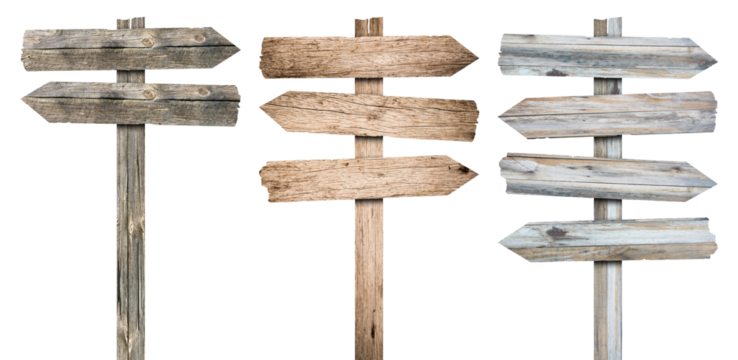 3d wooden signboards set vector illustration. Realistic wood sign posts. Blank arrows with wood texture, plywood road pointers.