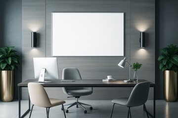 Modern minimalist office interior with gray wall paneling, desk setup, blank white frame for branding, and elegant indoor lighting concept.