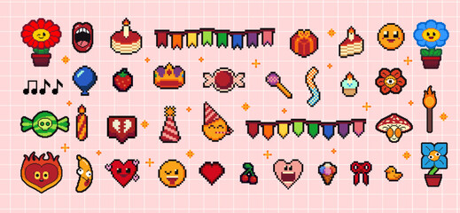 Pixels Y2k funny playful birthday art set of presents and gifts on holidays events. Cute bright party icons. Vector illustration