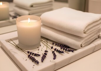 White Scented Candle in Frosted Glass Jar with Dried Lavender Sprigs on Marble Tray beside Cotton Towels