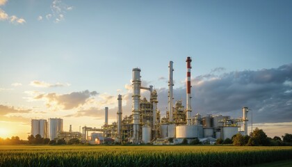 Fototapeta premium Industrial ethanol refinery at sunset, surrounded by green cornfields. Modern factory with tall white towers, red, white stripes, smokestacks. Rural landscape with trees, vast fields, orange, purple