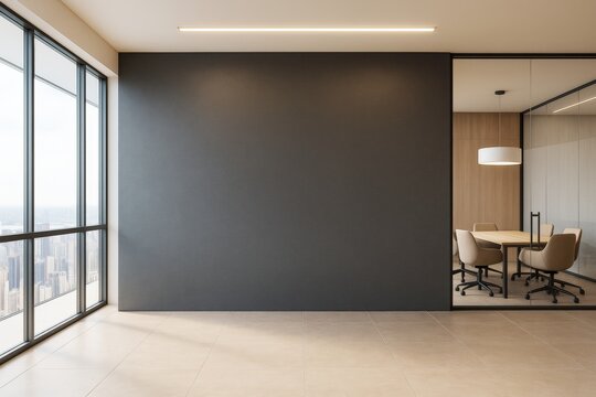 Modern empty office interior with dark wall and glass meeting room overlooking cityscape in bright daylight from high-rise building floor.