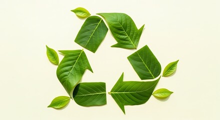 Recycling symbol formed by green leaves on a light beige background.