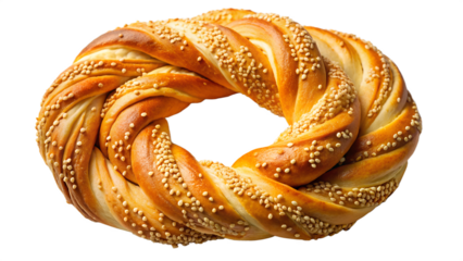 Photo of a twisted, golden brown bagel covered in sesame seeds, forming a circular shape, isolated on transparent background