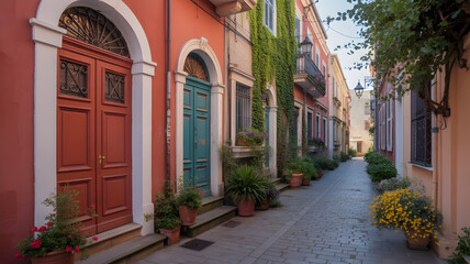 Fototapeta premium Picturesque european street scene featuring colorful doors, windows, and lush greenery adorning a rustic building with a cobblestone street in a charming town