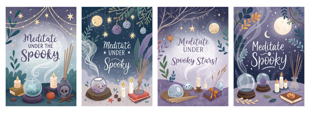 Set of four posters featuring meditation themes with candles crystals and soothing night scenes