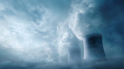 Cooling towers releasing steam into the overcast sky